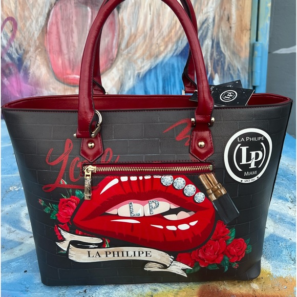 La Philipe design in miami lip rhinestone new with tag brown purse tote clutch - Picture 4 of 13